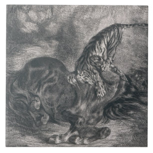 Eugene Delacroix - Wildes Pferd, das von einem Tig Fliese