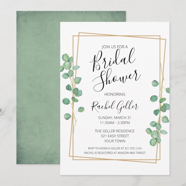 Eukalyptis mit Goldrahmen Bridal Dusche Einladung (Vorne/Hinten)
