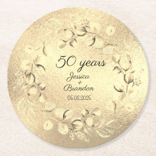 Eukalyptus 50. Goldene Hochzeit  Runder Pappuntersetzer