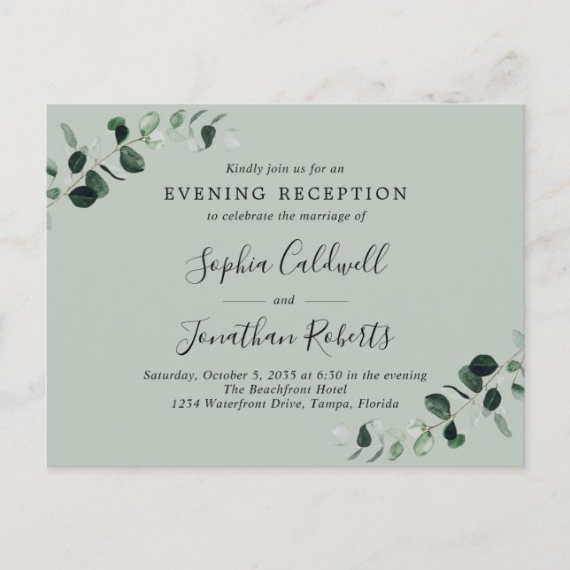 Eukalyptus Abend Hochzeitsempfang Einladung Postkarte (Vorderseite)