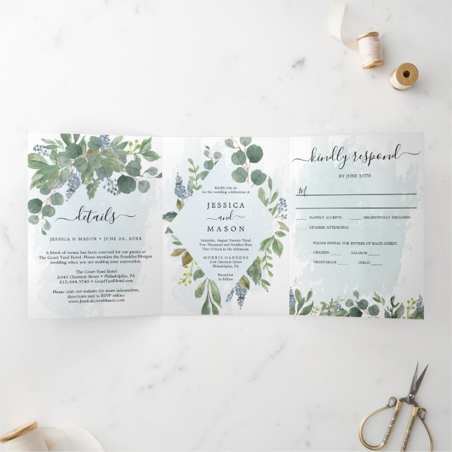 Eukalyptus All-in-one Hochzeitseinladungen Dreifach Gefaltete Einladung (Innenseite)