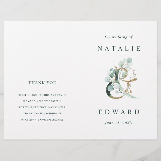 Eukalyptus Ampersand Gold Green Wedding Program (Vorderseite)