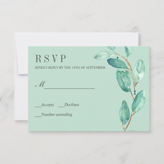 Eukalyptus Aqua Blätter Wedding RSVP Karte (Vorderseite)