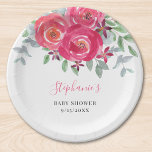 Eukalyptus-Babydusche Pappteller<br><div class="desc">Diese hübschen Baby-Duschpapier-Teller sind mit Aquarellfarben-Rose und Blume in Rosa und lila mit Eukalyptus und anderem Blattwerk. Einfach mit Ihren Daten anpassbar. Weil wir unsere Kunstwerke erstellen, werden Sie dieses exakte Bild von anderen Designern nicht finden. Original Wasserfarbe © Michele Davies.</div>