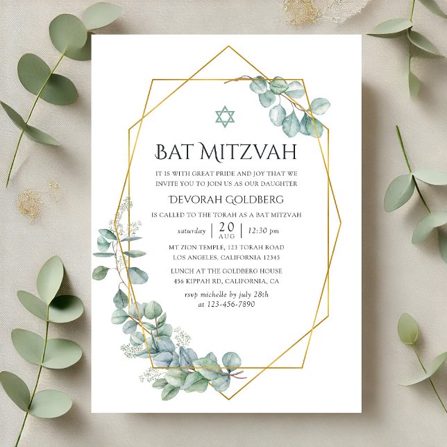 Eukalyptus Bat Mitzvah Einladung (Watercolor Geometric Eucalyptus Bat Mitzvah Invitation)