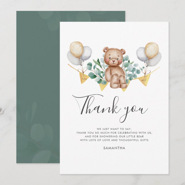 Eukalyptus Bear Baby Shower Dankeskarte (Vorne/Hinten)