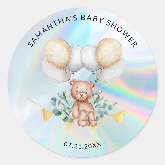 Eukalyptus Bear Balloons Holographic Baby Show Runder Aufkleber (Vorderseite)
