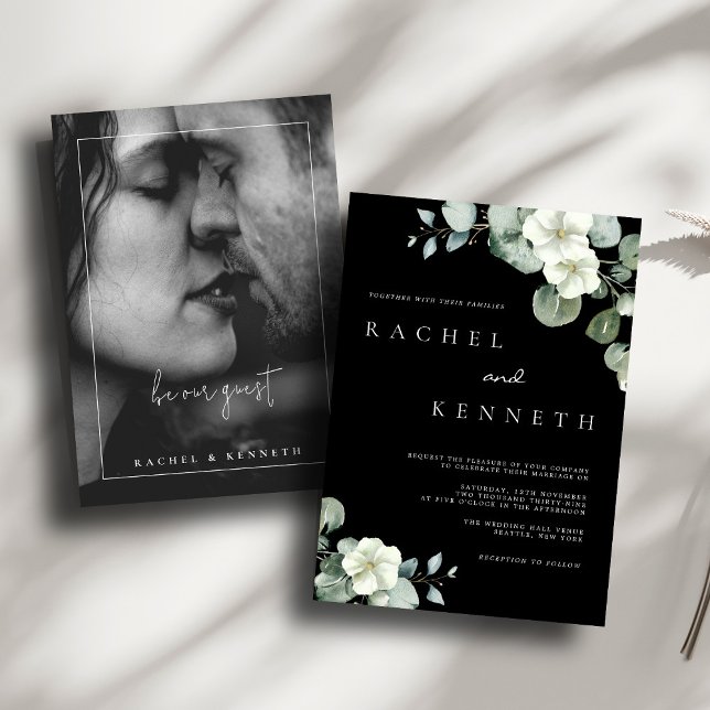 Eukalyptus Black & White Minimalist Foto Hochzeit Einladung (Von Creator hochgeladen)