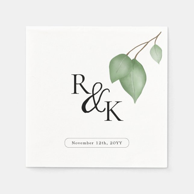 Eukalyptus Black & White Minimalistisch Monogram Serviette (Vorderseite)