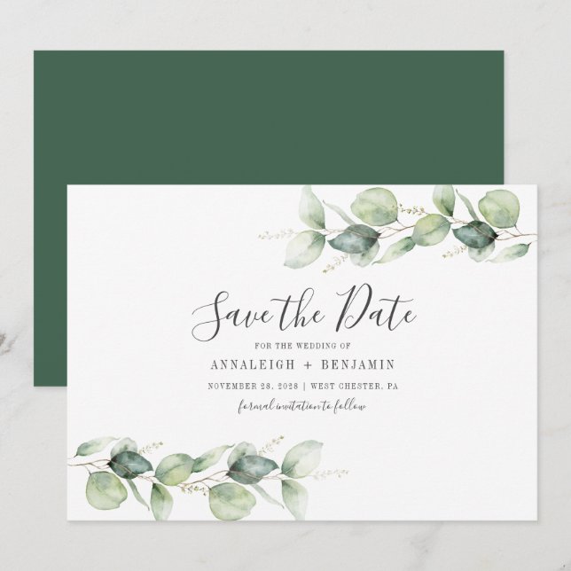 Eukalyptus-Blätter Botanische Hochzeit Save The Date (Vorne/Hinten)