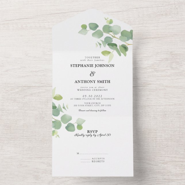 Eukalyptus-Blätter für botanisches Wasser Hochzeit All In One Einladung (Innen Boden)
