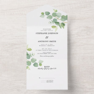 Eukalyptus-Blätter für botanisches Wasser Hochzeit All In One Einladung