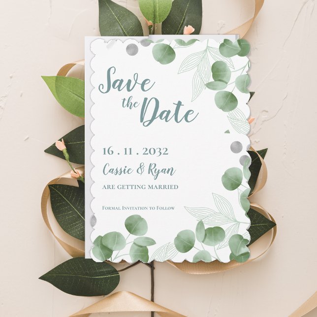 Eukalyptus-Blätter für Wasserfarben, die das Datum (Watercolor Eucalyptus Leaves Wedding Save the Date)