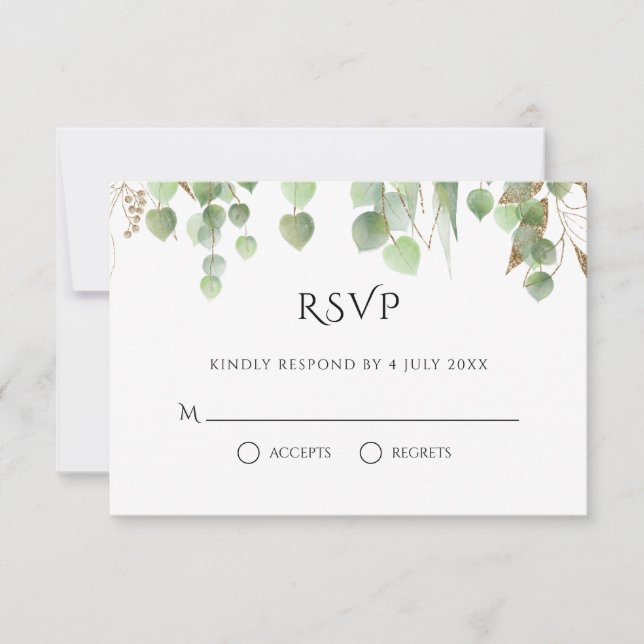 Eukalyptus-Blätter für Wasserfarben, Goldblätterho RSVP Karte (Vorderseite)