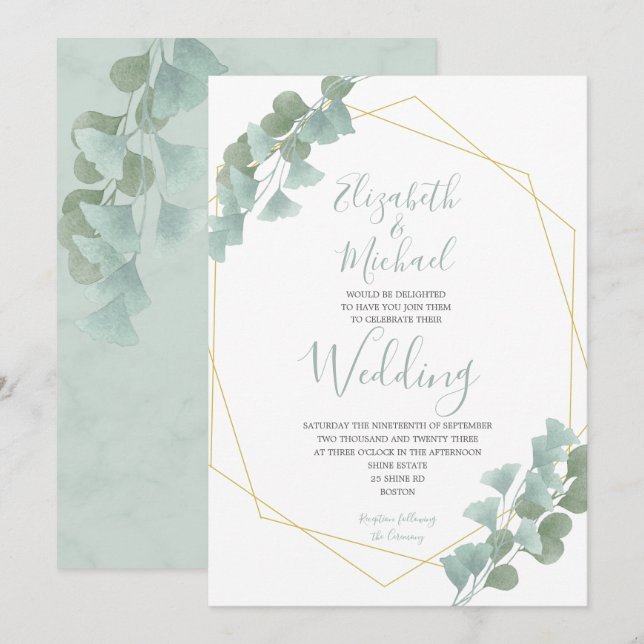 Eukalyptus Blätter Geometric Summer Elegante Weddi Einladung (Vorne/Hinten)