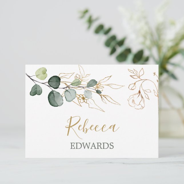 Eukalyptus-Blätter Gold-Floral-Platzkarte Einladung (Stehend Vorderseite)