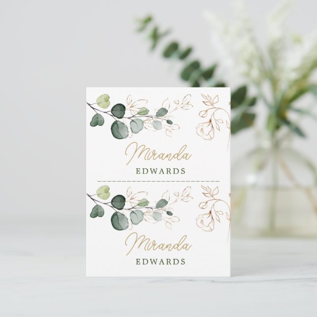 Eukalyptus-Blätter Gold-Floral-Platzkarte Postkarte (Stehend Vorderseite)