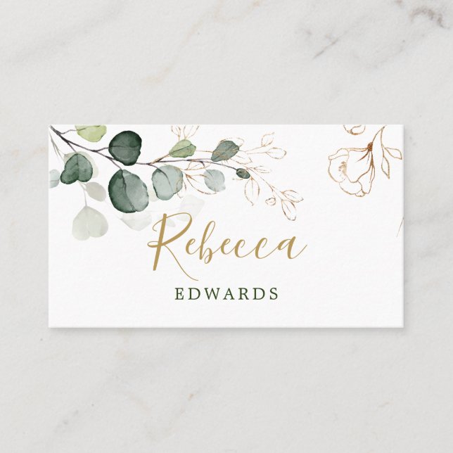 Eukalyptus-Blätter Gold-Floral-Platzkarte Visitenkarte (Vorderseite)