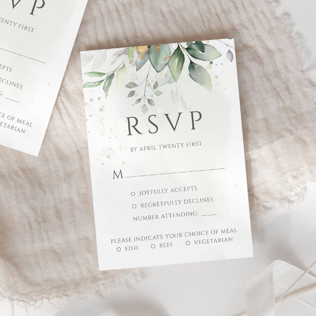 Eukalyptus-Blätter Gold-Mahl Optionen Hochzeit RSVP Karte (Von Creator hochgeladen)