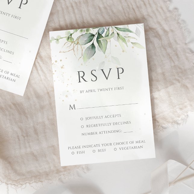 Eukalyptus-Blätter Gold-Mahl Optionen Hochzeit RSVP Karte (Von Creator hochgeladen)