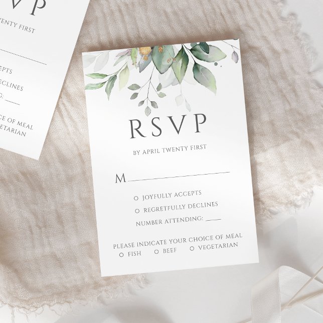 Eukalyptus-Blätter Gold-Mahl Optionen Hochzeit RSVP Karte (Von Creator hochgeladen)