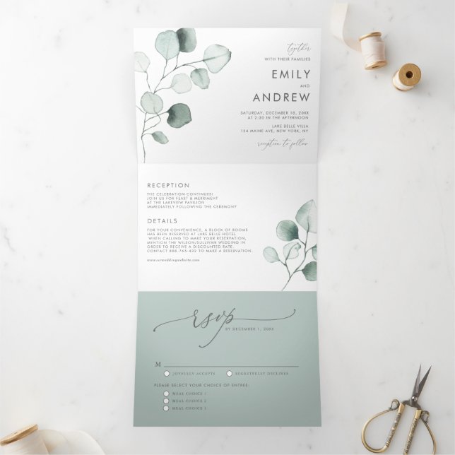 Eukalyptus-Blätter Hochzeit von Dusty Green Waterc Dreifach Gefaltete Einladung (Innenseite)