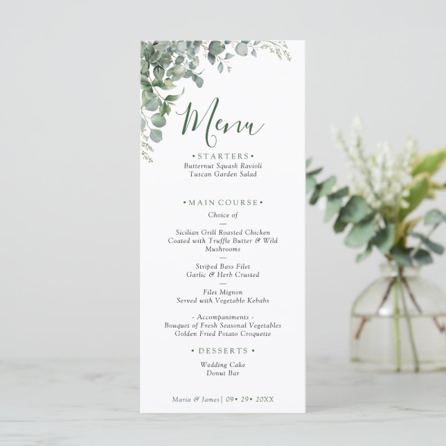 Eukalyptus-Blätter Hochzeiten Menükarte (Stehend Vorderseite)