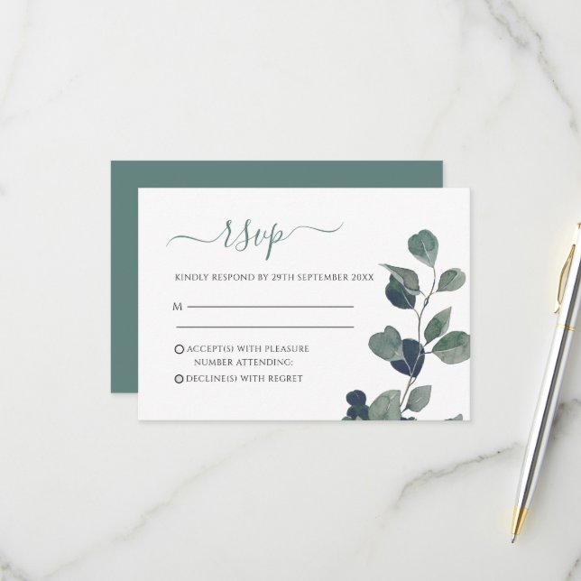 Eukalyptus-Blätter Hochzeiten RSVP Karte (Vorderseite/Rückseite Beispiel)