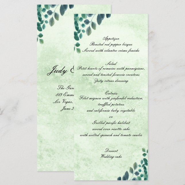 Eukalyptus-Blätter Hochzeitmenü für Wasserfarben Menükarte (Vorne/Hinten)