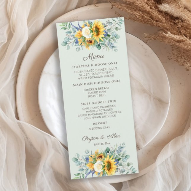 Eukalyptus-Blätter Hochzeitsempfang Menükarte (Sunflowers and eucalyptus wedding menu)