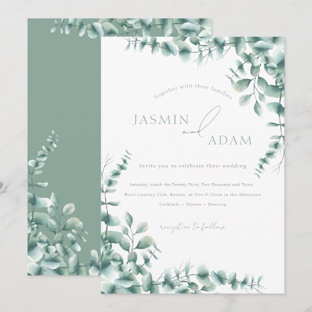 Eukalyptus-Blätter Sage Green Foliage Wedding Einladung (Vorne/Hinten)