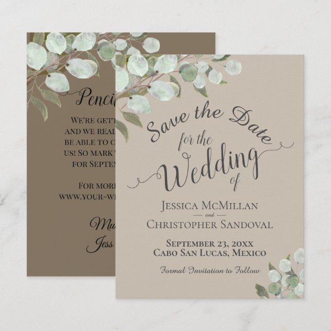 Eukalyptus-Blätter Tan Wedding Save The Date (Vorne/Hinten)