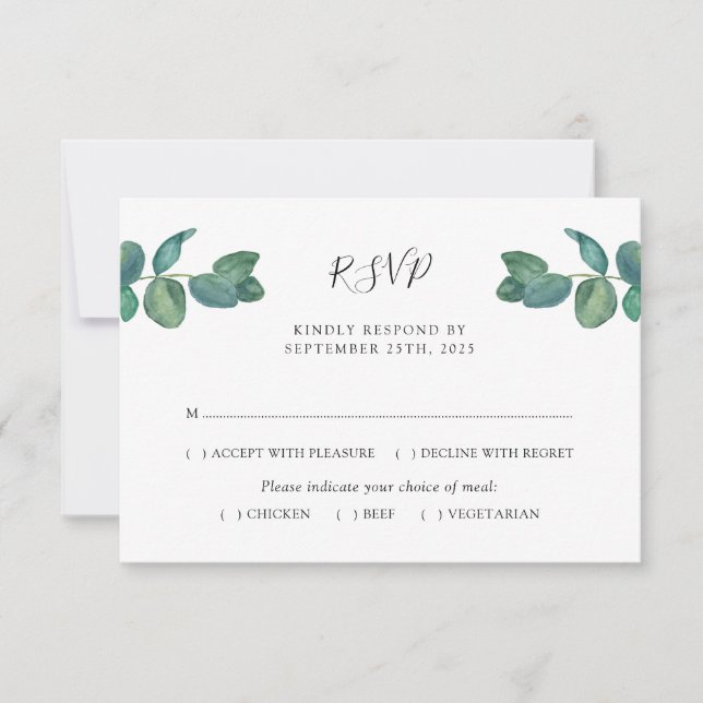 Eukalyptus Blätter Watercolor Wedding RSVP (Vorderseite)