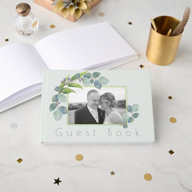 Eukalyptus-Blätter Wedding Foto Gästebuch (Vorderseite Offen)