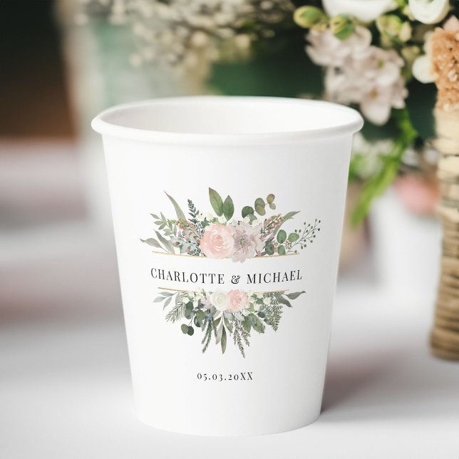 Eukalyptus,Blume Hochzeitspapier Pappbecher (Eucalyptus, flowers, wedding, white paper cup with your name and date.)