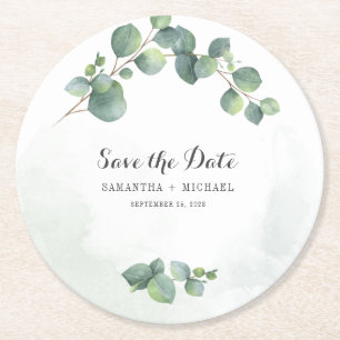 Eukalyptus-Blumen-Grün Kreative Save-The-Date-Kart Runder Pappuntersetzer