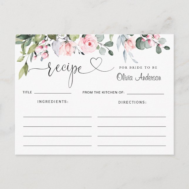 Eukalyptus Blush Rose Brautparty Rezept Karte (Vorderseite)