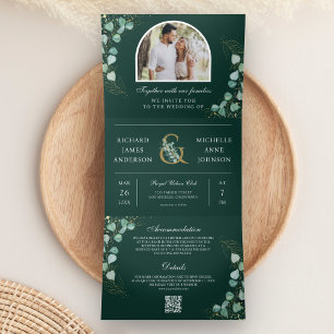 Eukalyptus-Bogen Smaragdgrün QR-Code Hochzeit Dreifach Gefaltete Einladung