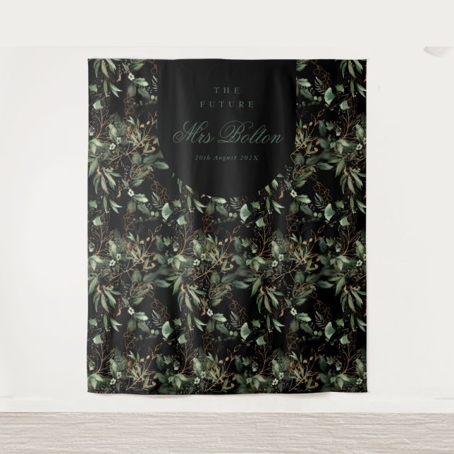 Eukalyptus Boho Arch Black Brautparty Hintergrund Wandteppich (Vorderseite)