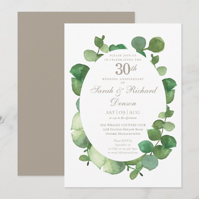 Eukalyptus Boho Greenery zum 30. Pearl-Jubiläum Einladung (Vorne/Hinten)