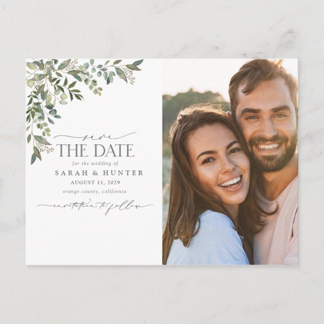 Eukalyptus Botanical Calligraphy Foto Wedding Ankündigungspostkarte (Vorderseite)