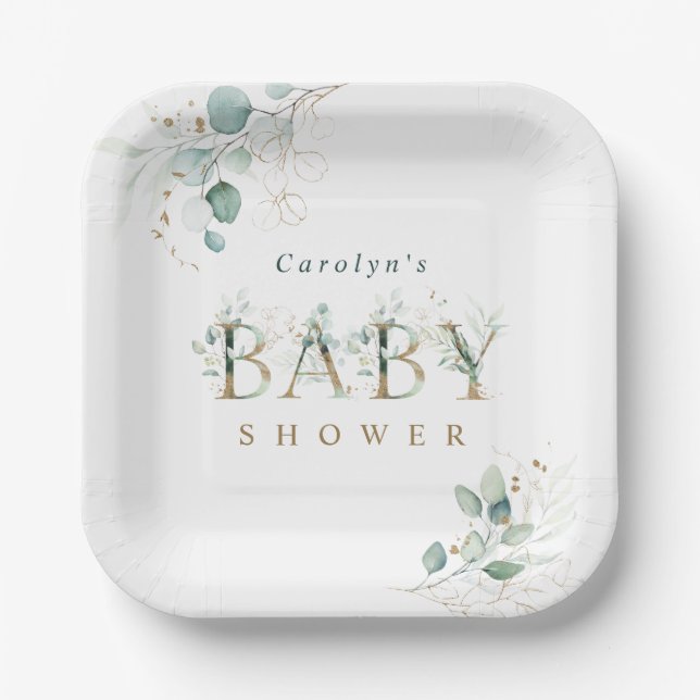 Eukalyptus Botanical Gold Letter Baby Dusche Pappteller (Vorderseite)