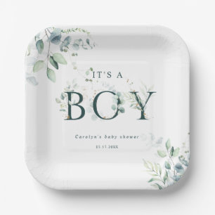 Eukalyptus Botanical Green Letter Boy Baby Dusche Pappteller