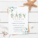 Eukalyptus Botanical Letter Gold Baby Dusche Einladung<br><div class="desc">Diese Babydusche lädt mit bemalten Aquarelleukalyptusfarben und grünen Blätter mit botanischen Goldbriefen ein. Klicken Sie für eine erweiterte Anpassung dieses Designs auf Weitere Links anpassen,  um Schriftart,  Größe und Farbe zu ändern.</div>