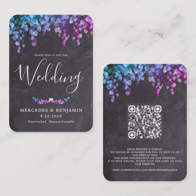 Eukalyptus Botanical QR Code Chalkboard Wedding Begleitkarte (Vorne/Hinten)
