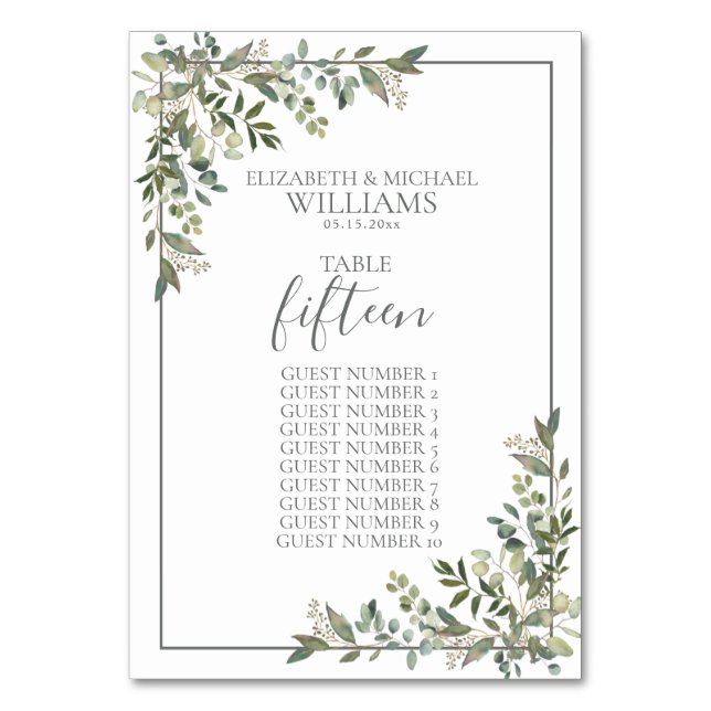 Eukalyptus Botanical Sage Green Guest Names Tischnummer (Vorderseite)
