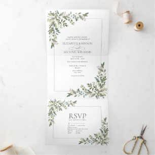 Eukalyptus Botanical Sage Green Meals Hochzeit Dreifach Gefaltete Einladung