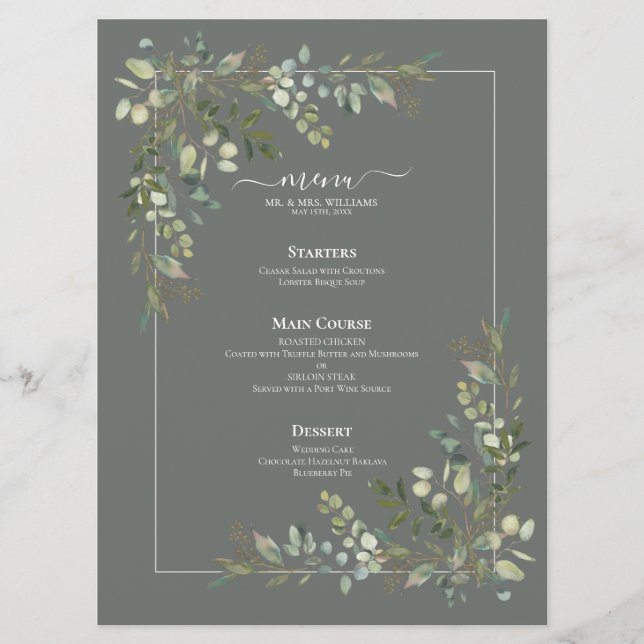 Eukalyptus Botanical Sage Green Wedding Menu Menükarte (Vorderseite)