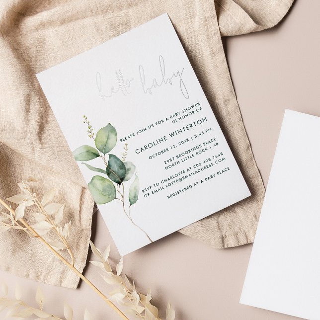 Eukalyptus Botanical Script Baby Shooter Silver Folieneinladung (Hello Baby Eucalyptus Baby Shower Invitation)