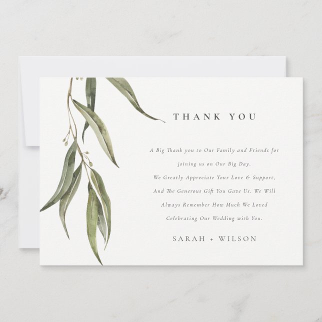 Eukalyptus Botanische Hochzeit mit einfacher Wasse Dankeskarte (Vorderseite)